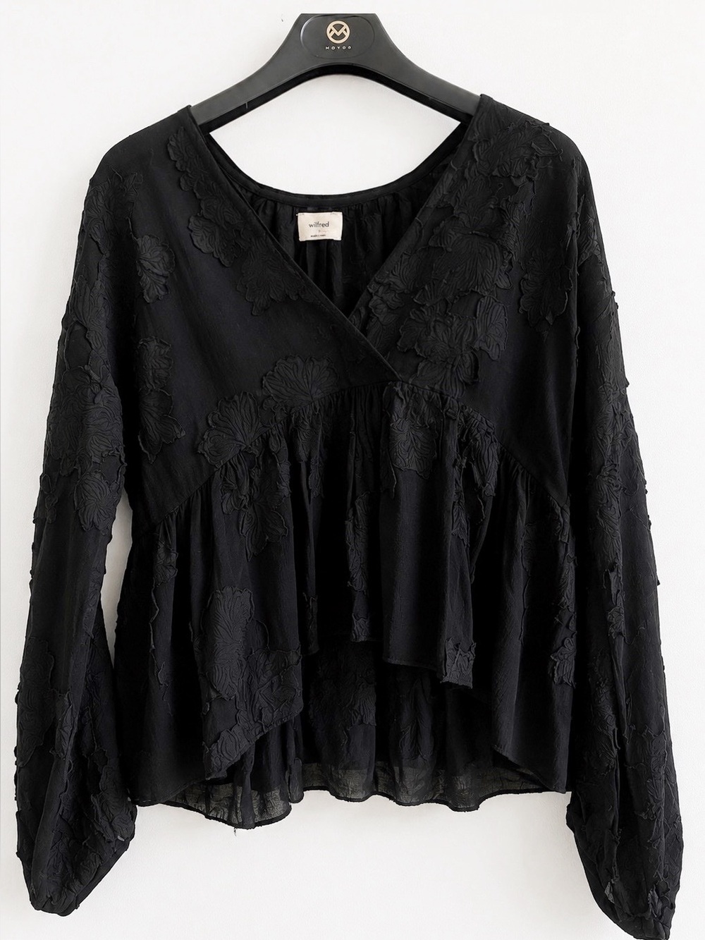 Wilfred ARITZIA  Augustine Black Floral Textured Peplum Blouse - SIZE XXS